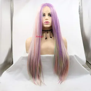 xiweiya Rainbow Multi Color Synthetic Lace Front Wigs Long Straight Purple Pink Green Blue Mixed Lace Front Wigs Natural Hairline Heat Resistant Fiber High Density Wigs for Women 24inch…