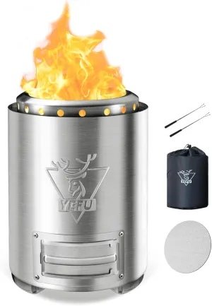 YEFU Tabletop Fire Pit 9.7 x 7.1 in, Flame Intensity Control Camping Stove for Outdoor & Patio, Fueled by Pellets or Wood, Safe Burning Table Top Firepit, with Travel Bag & 2 Mini Sticks, Silver