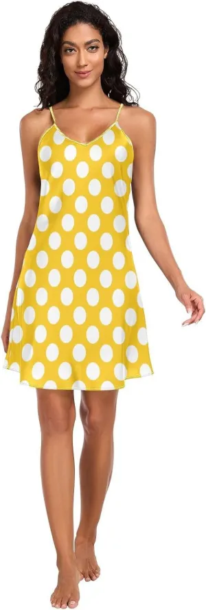 Yellow Polka Dot Slip Nightgowns for Women, Satin Cami Dress, Sleeveless Night Shirts for Woman, S