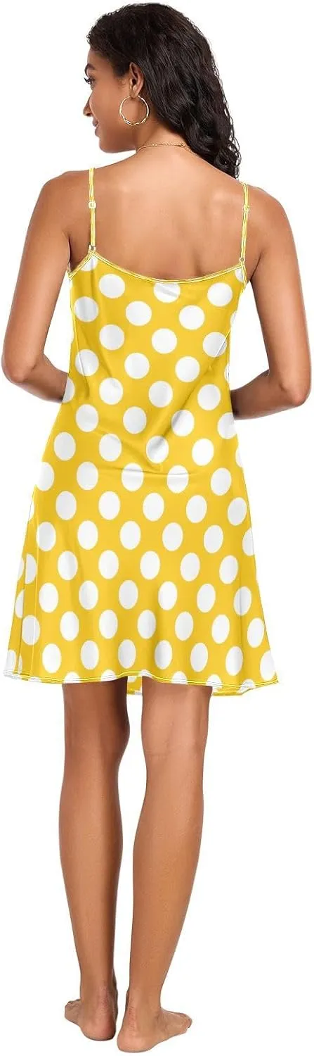 Yellow Polka Dot Slip Nightgowns for Women, Satin Cami Dress, Sleeveless Night Shirts for Woman, S