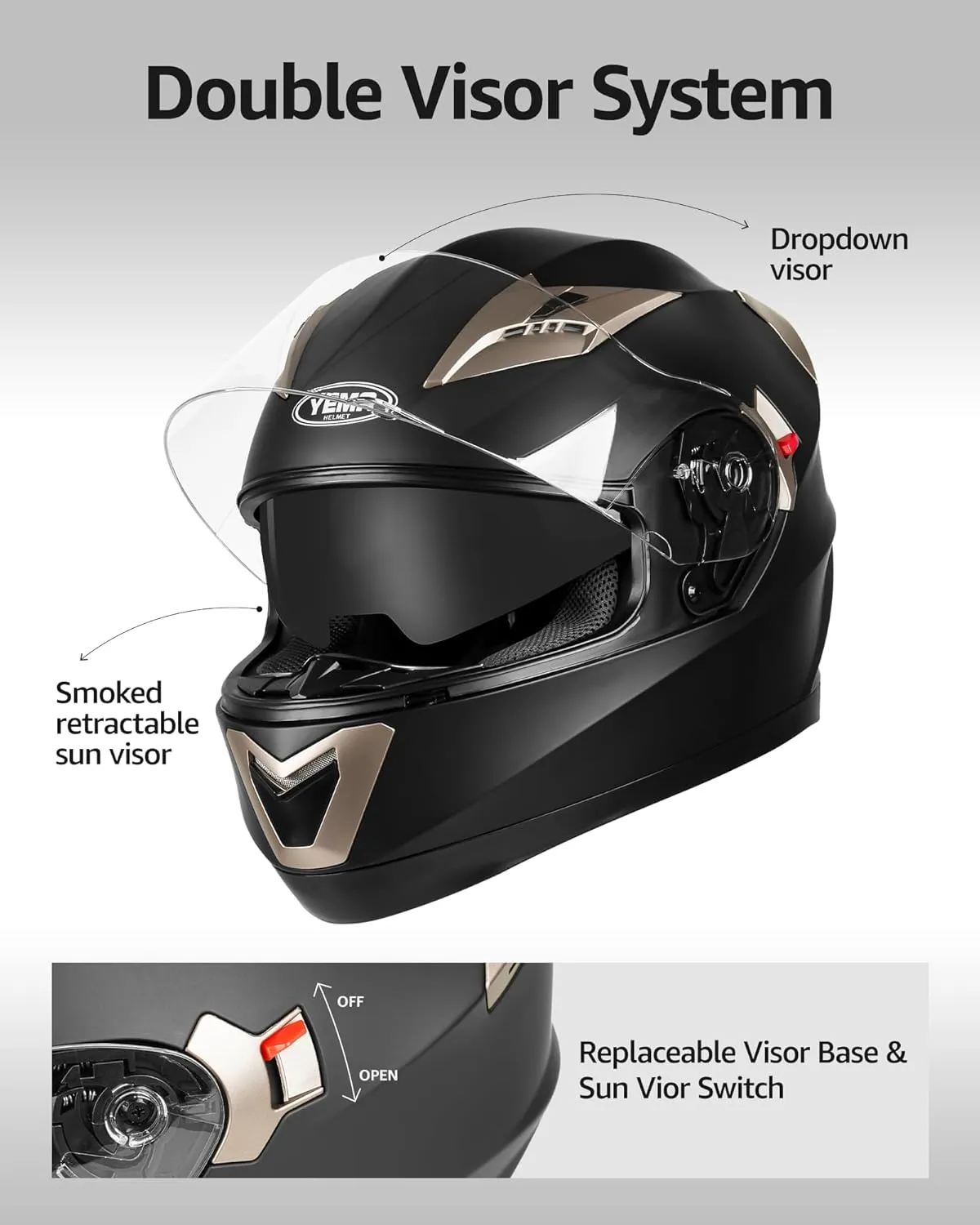 YEMA Helmet Motorcycle Full Face Helmet DOT Approved YM-829 Motorbike Street Bike Racing Helmet with Sun Visor for Adult,Youth Men and Women