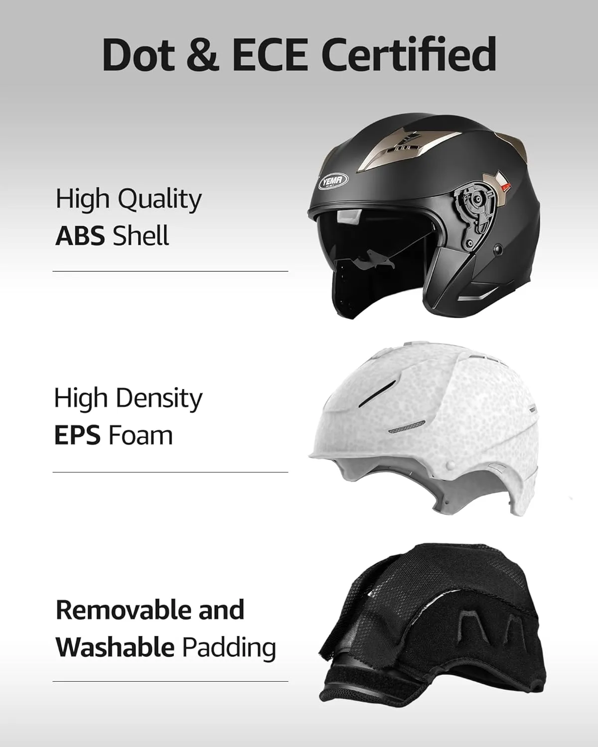 YEMA Open Face Motorcycle Helmets, DOT Approved 3/4 Moped Helmet Dual Visor Quick Release Buckle, Helmets for Adults Motorcycle Men Women Helmets for Moped Scooter Streey