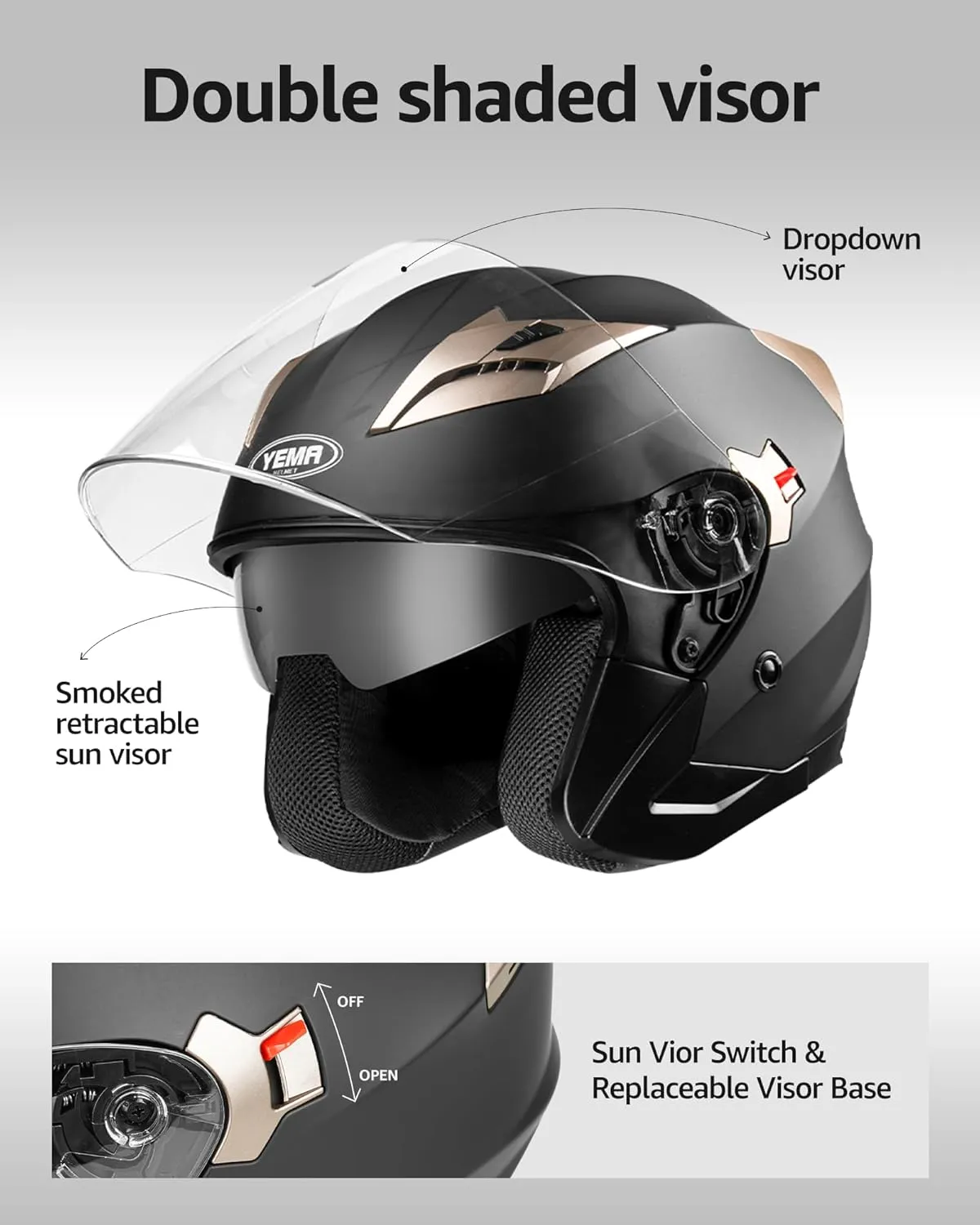 YEMA Open Face Motorcycle Helmets, DOT Approved 3/4 Moped Helmet Dual Visor Quick Release Buckle, Helmets for Adults Motorcycle Men Women Helmets for Moped Scooter Streey