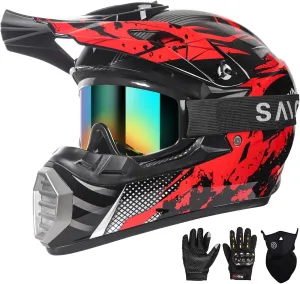 Youth Kids Motocross Helmet, Adult ATV Dirt Bike Helmet, Off-Road BMX 4-Wheeler Full Face Motorcycle Helmet W/Goggles Gloves & Mask, DOT Approved, Red Camo, XL