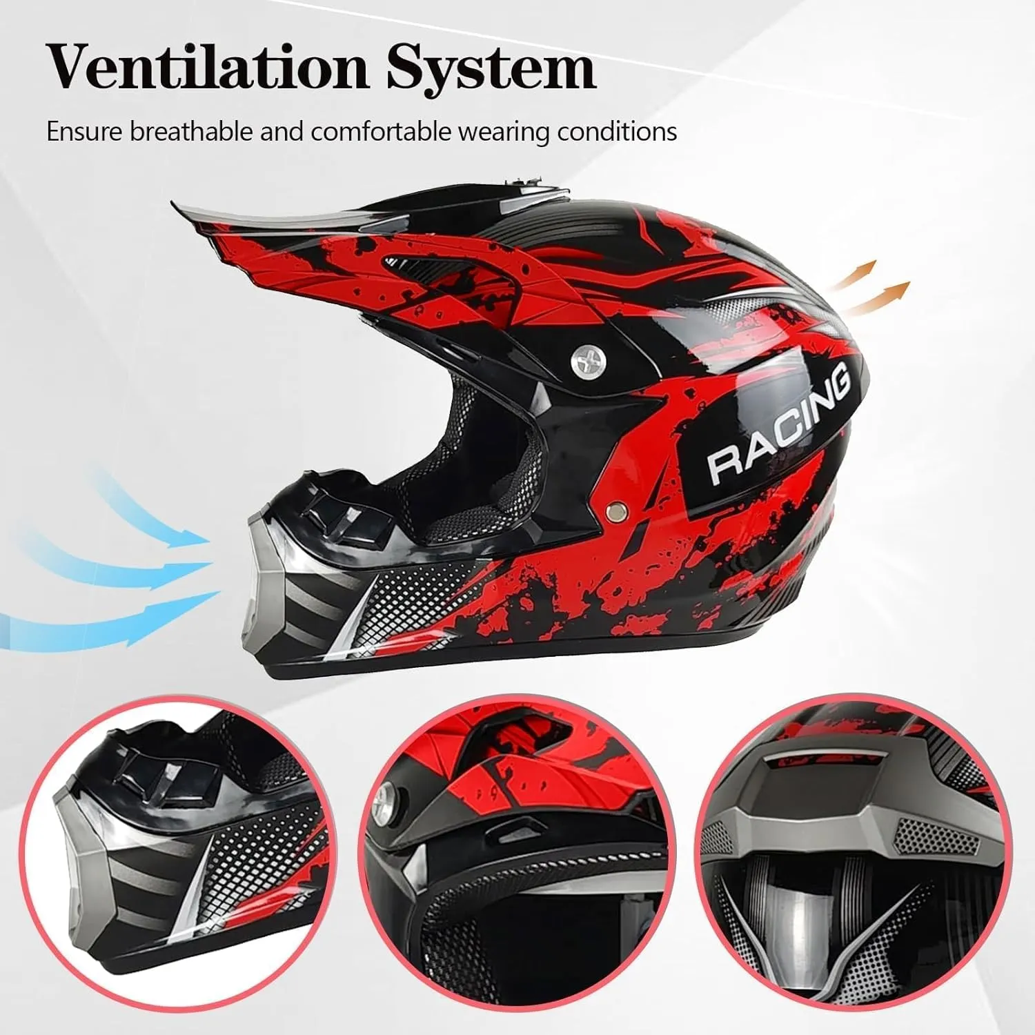 Youth Kids Motocross Helmet, Adult ATV Dirt Bike Helmet, Off-Road BMX 4-Wheeler Full Face Motorcycle Helmet W/Goggles Gloves & Mask, DOT Approved, Red Camo, XL