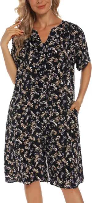 YOZLY House Dress Women Cotton Duster Robe Short Sleeve Housecoat Button Down Nightgown
