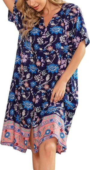 YOZLY House Dress Women Cotton Duster Robe Short Sleeve Housecoat Button Down Nightgown