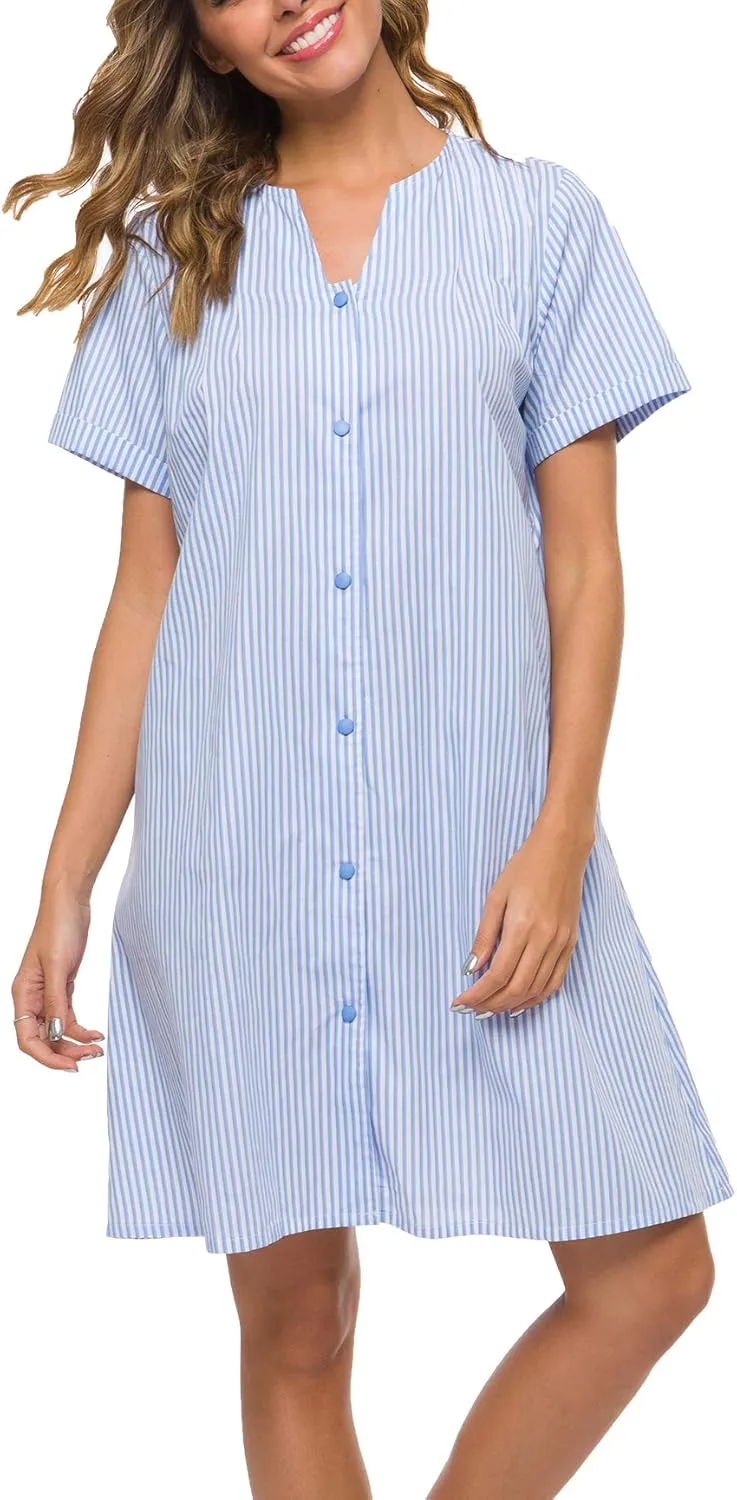 YOZLY House Dress Women Cotton Duster Robe Short Sleeve Housecoat Button Down Nightgown