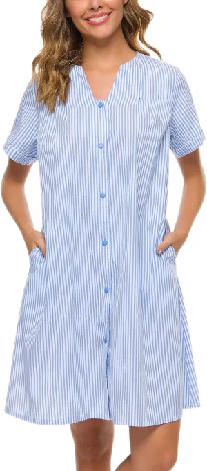 YOZLY House Dress Women Cotton Duster Robe Short Sleeve Housecoat Button Down Nightgown