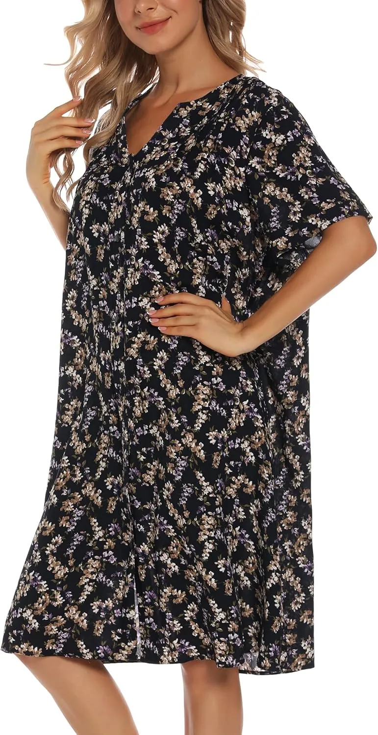 YOZLY House Dress Women Cotton Duster Robe Short Sleeve Housecoat Button Down Nightgown