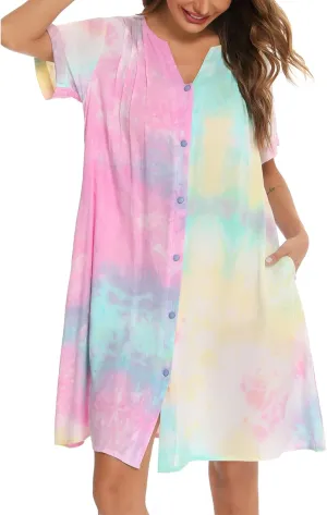 YOZLY House Dress Women Cotton Duster Robe Short Sleeve Housecoat Button Down Nightgown