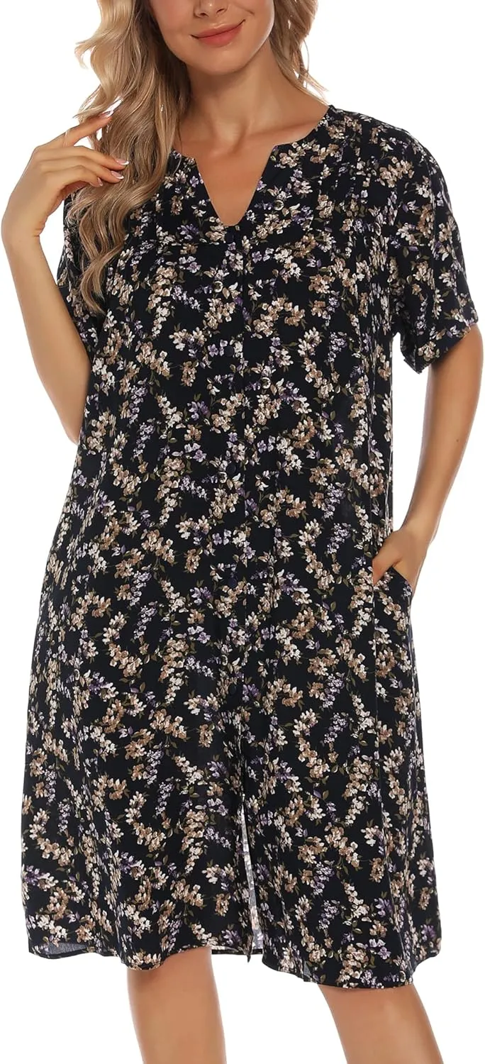 YOZLY House Dress Women Cotton Duster Robe Short Sleeve Housecoat Button Down Nightgown
