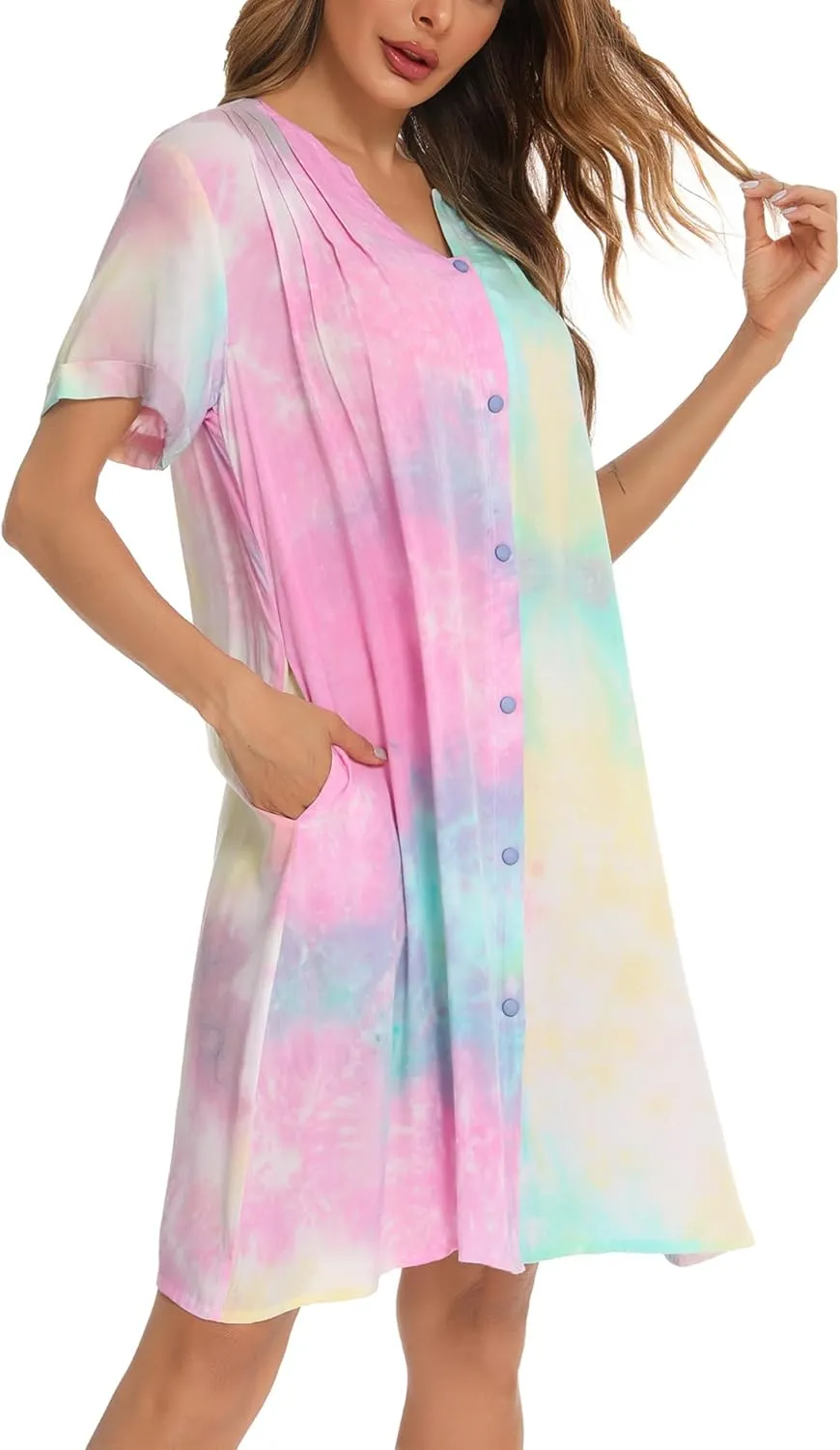 YOZLY House Dress Women Cotton Duster Robe Short Sleeve Housecoat Button Down Nightgown