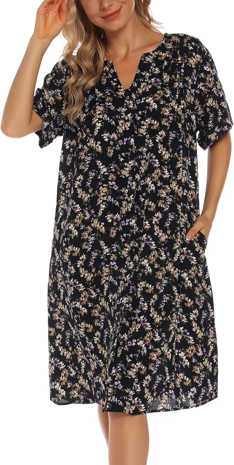 YOZLY House Dress Women Cotton Duster Robe Short Sleeve Housecoat Button Down Nightgown