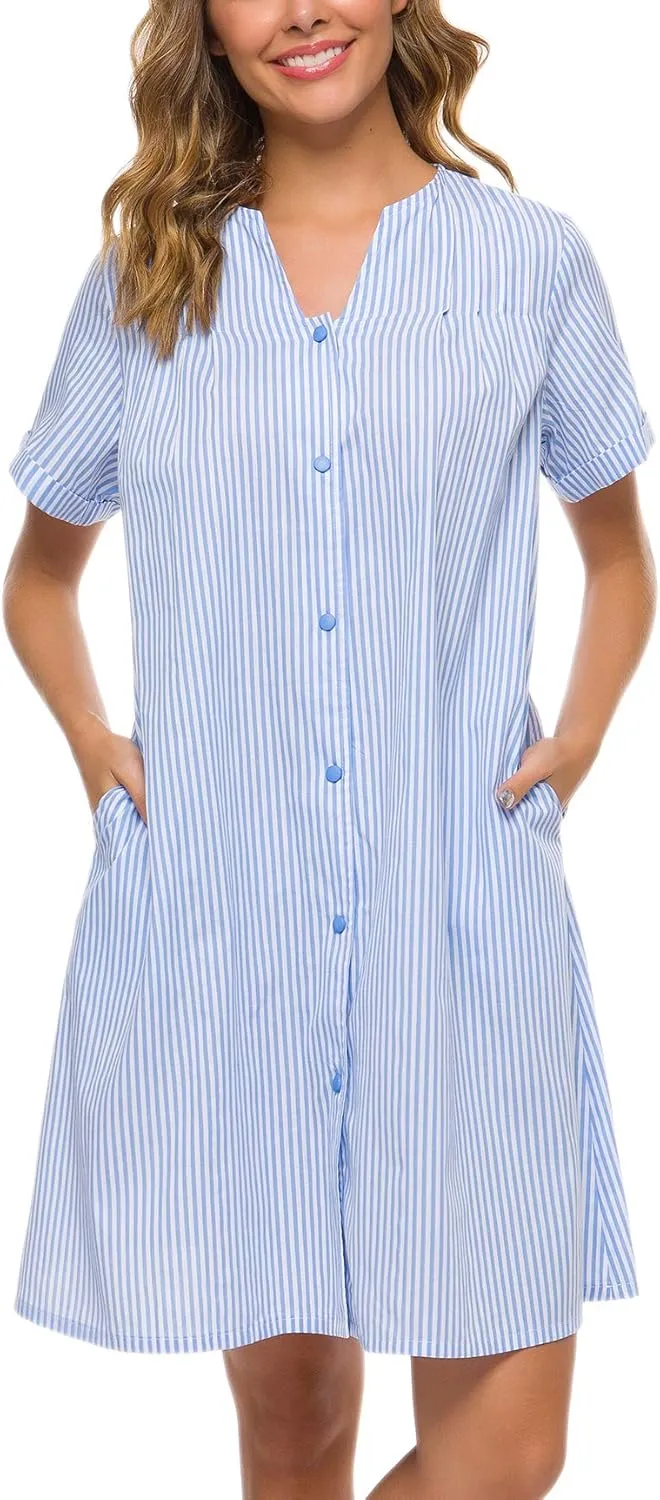 YOZLY House Dress Women Cotton Duster Robe Short Sleeve Housecoat Button Down Nightgown