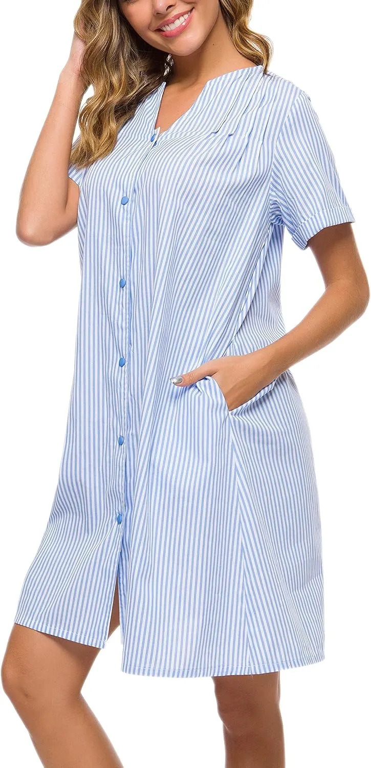 YOZLY House Dress Women Cotton Duster Robe Short Sleeve Housecoat Button Down Nightgown