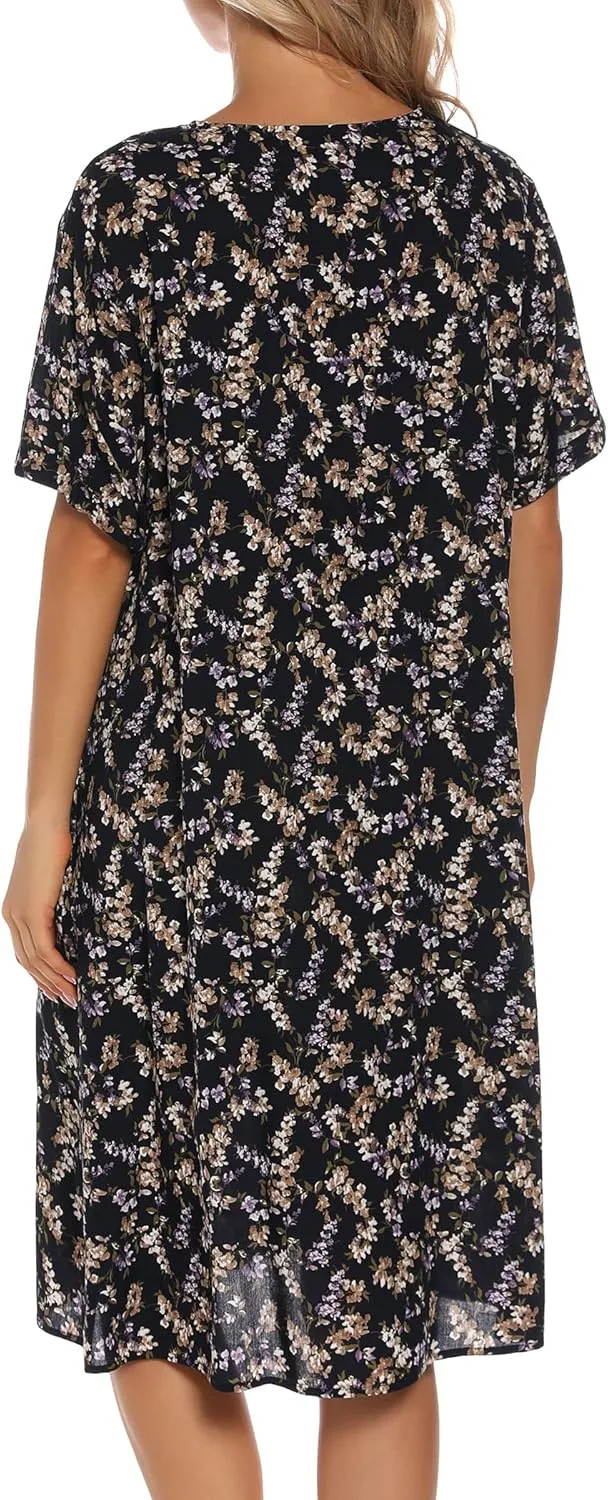 YOZLY House Dress Women Cotton Duster Robe Short Sleeve Housecoat Button Down Nightgown