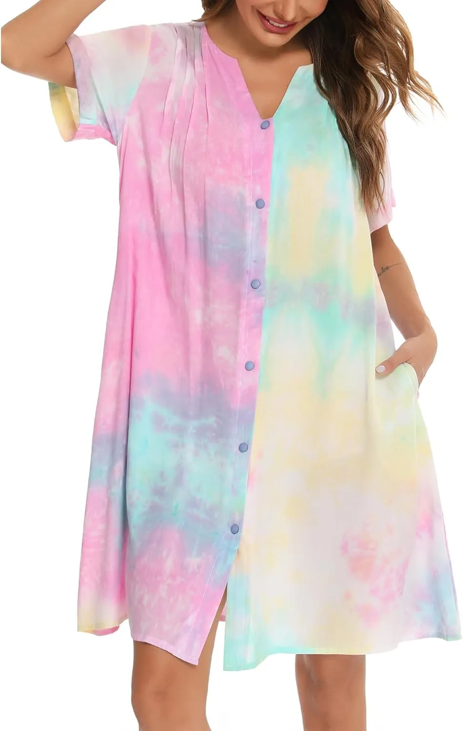 YOZLY House Dress Women Cotton Duster Robe Short Sleeve Housecoat Button Down Nightgown