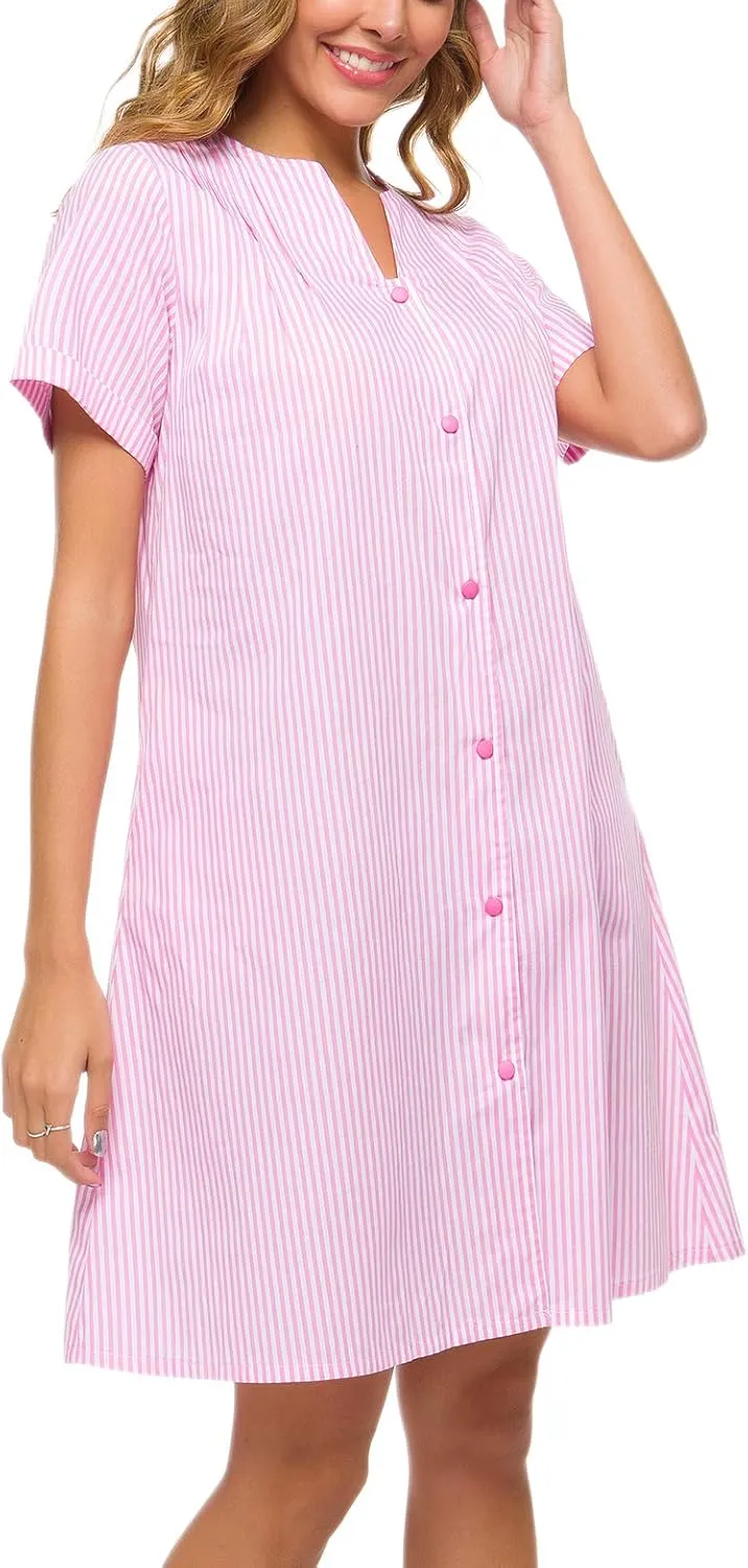 YOZLY House Dress Women Cotton Duster Robe Short Sleeve Housecoat Button Down Nightgown