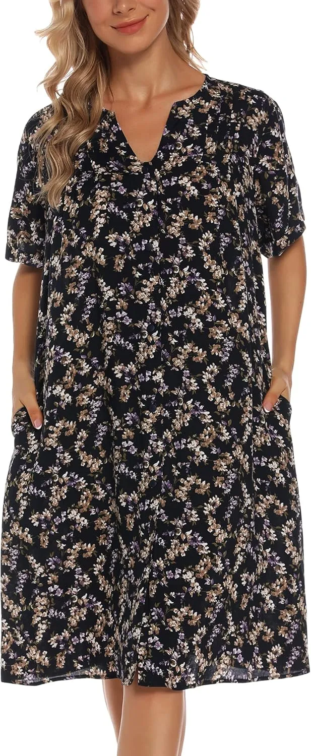 YOZLY House Dress Women Cotton Duster Robe Short Sleeve Housecoat Button Down Nightgown