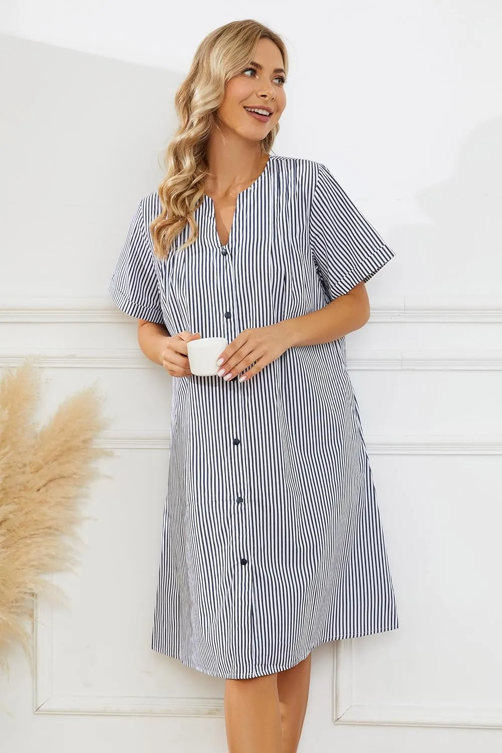 YOZLY House Dress Women Cotton Duster Robe Short Sleeve Housecoat Button Down Nightgown