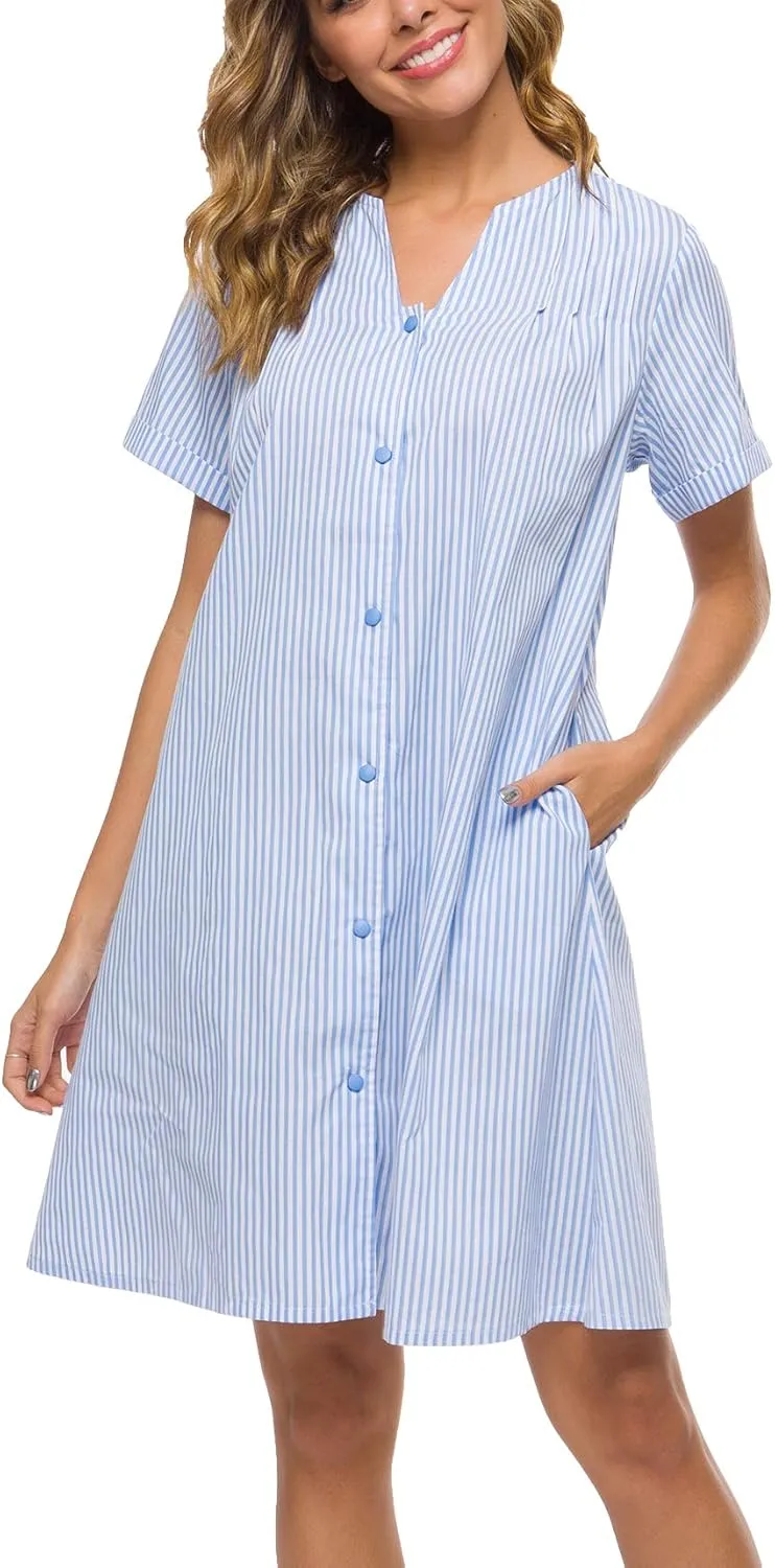 YOZLY House Dress Women Cotton Duster Robe Short Sleeve Housecoat Button Down Nightgown