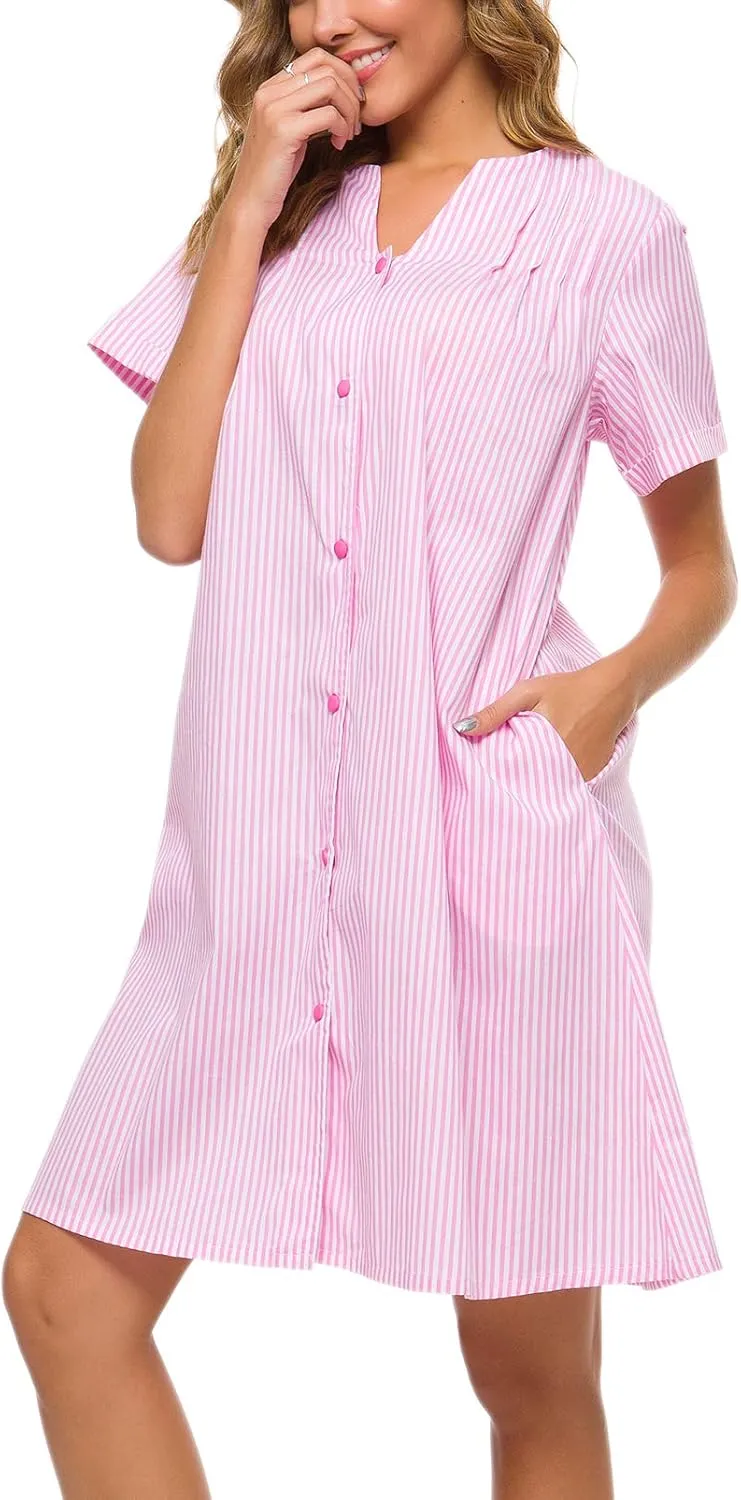 YOZLY House Dress Women Cotton Duster Robe Short Sleeve Housecoat Button Down Nightgown