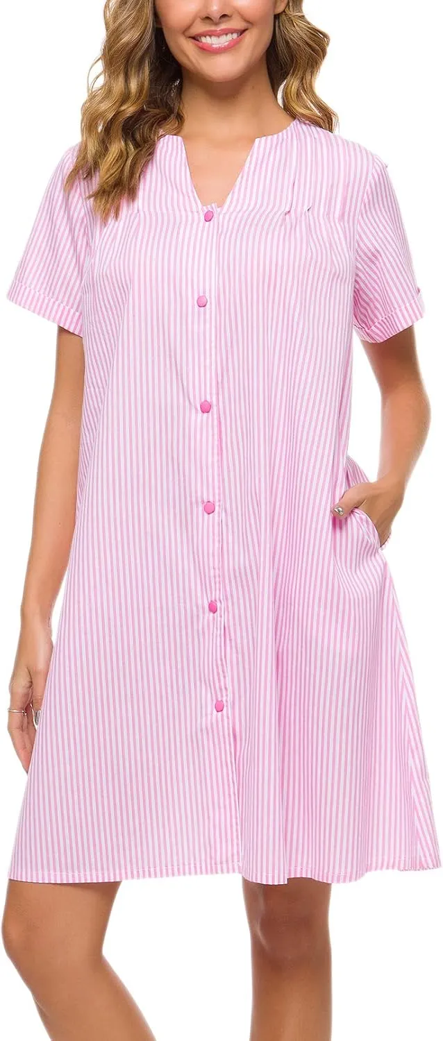 YOZLY House Dress Women Cotton Duster Robe Short Sleeve Housecoat Button Down Nightgown