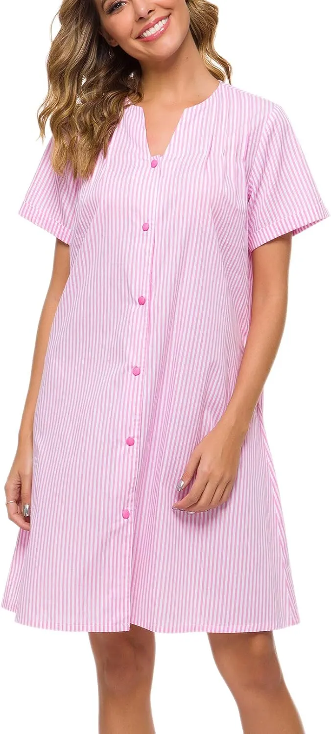 YOZLY House Dress Women Cotton Duster Robe Short Sleeve Housecoat Button Down Nightgown