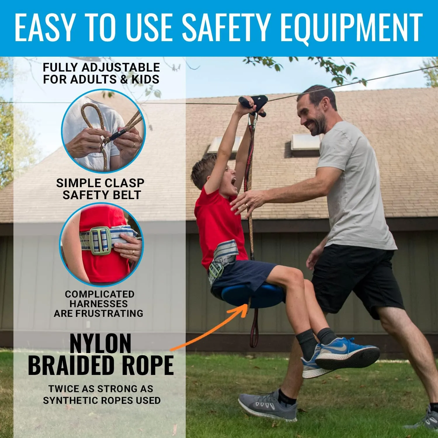 Zip Line Kit for Kids and Adults, 100/120 / 150/200 ft, Up to 350 Lbs, Rustproof Stainless Steel, Quick Setup with Ratchet, Safety Harness, Backyard Adventure Fun Includes Climbing Holds