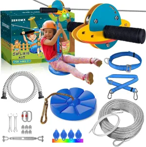 Zip Line Kit for Kids and Adults Outdoor, UFO Trolley with LED Light, 75/100/120/150ft Zipline for Backyard, Up to 350 Lbs, Included Swing Seat, Ziplines Spring Brake and Safety Harness
